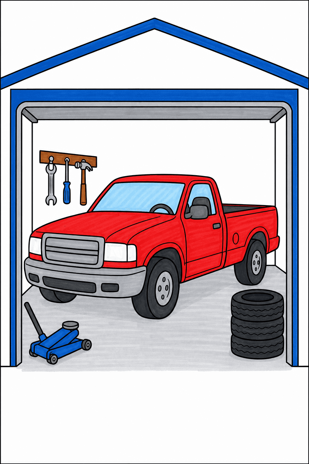 Pickup Truck Parked in a Garage Workshop marker colorized preview