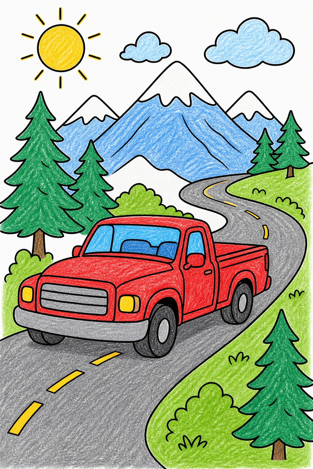 Pickup Truck on a Winding Mountain Road crayon colorized preview