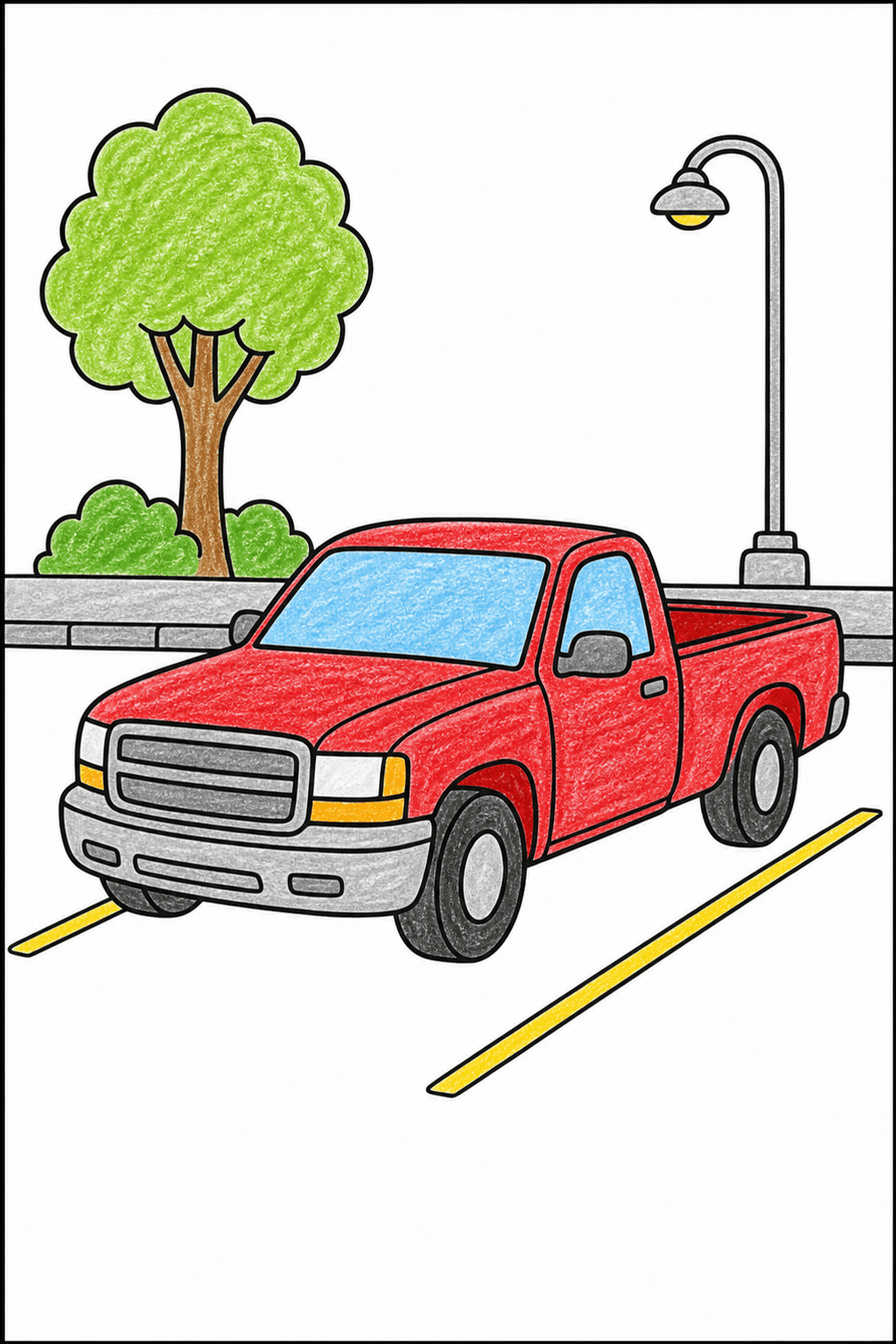 Pickup Truck Parked in a Lot crayon colorized preview