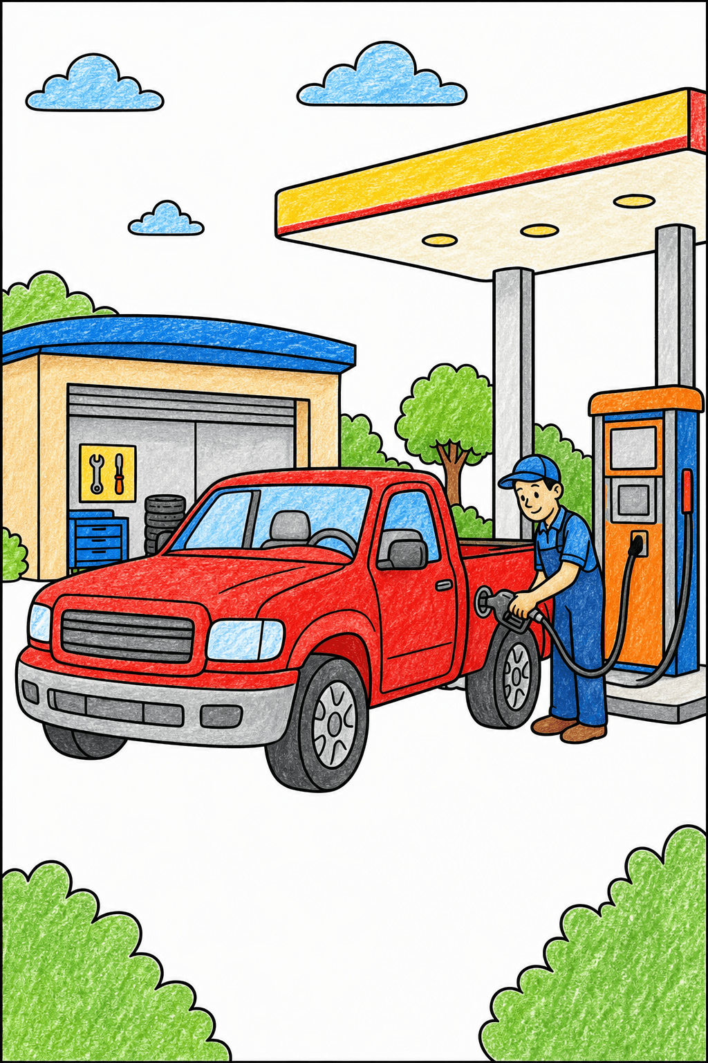 Pickup Truck Refueling at a Service Station crayon colorized preview