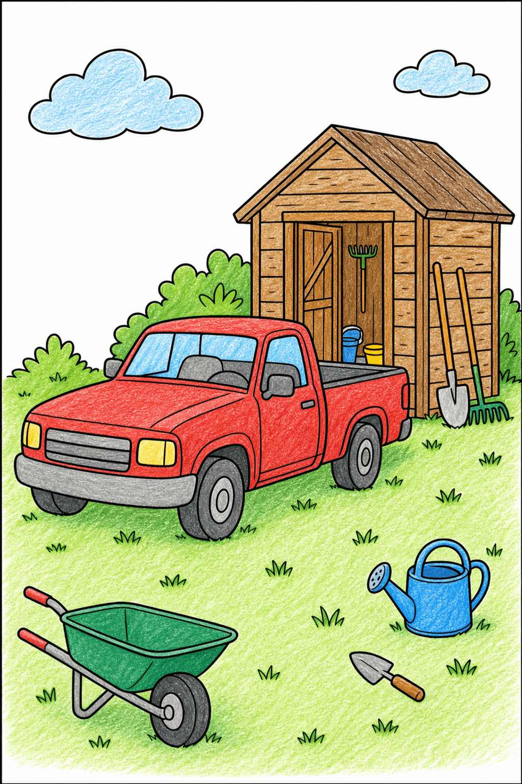 Pickup Truck Beside a Garden Tool Shed crayon colorized preview