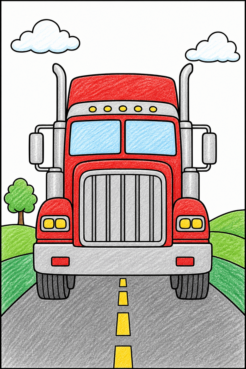 Front-View Semi Truck on a Marked Road crayon colorized preview