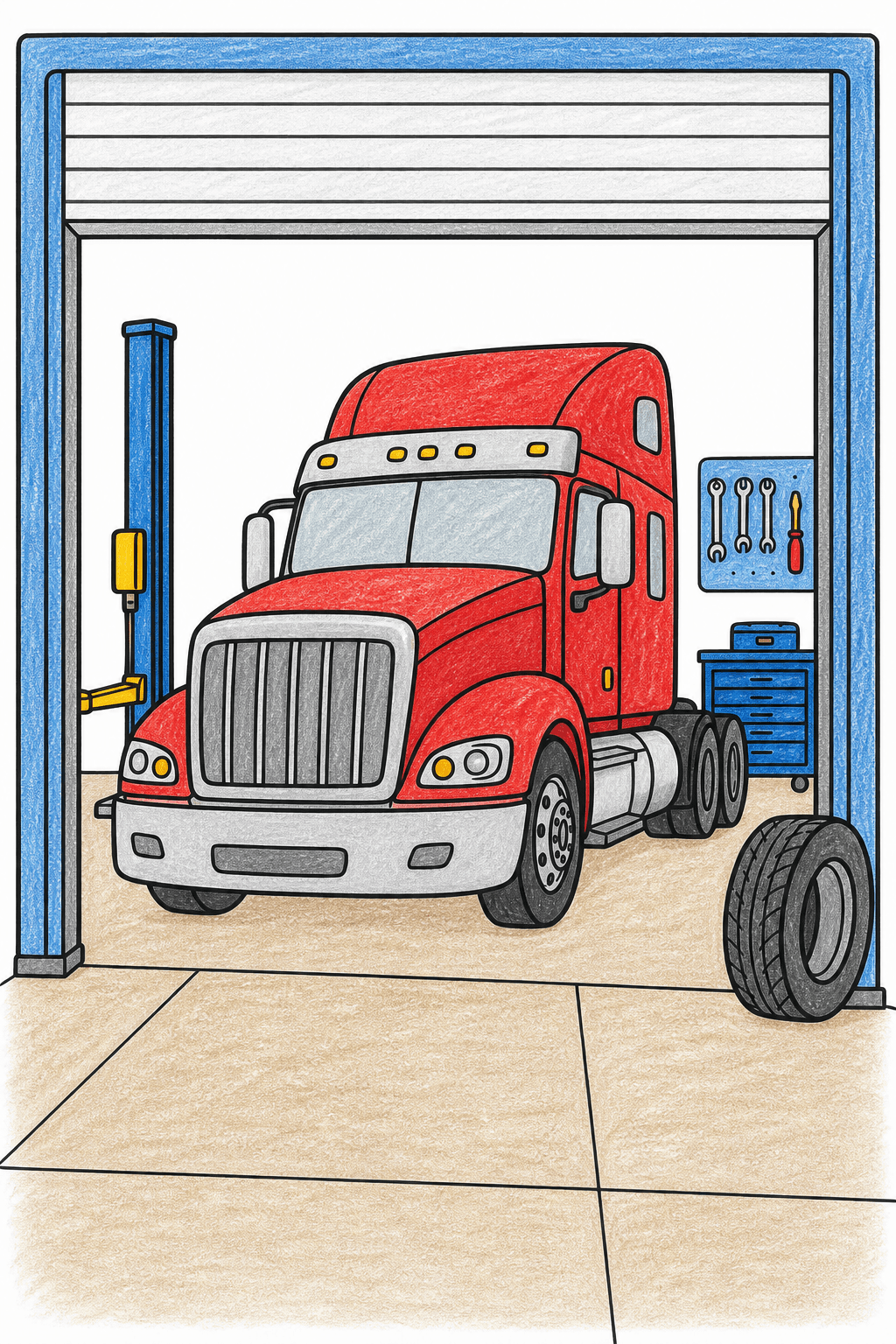 Semi Truck in a Garage Bay crayon colorized preview