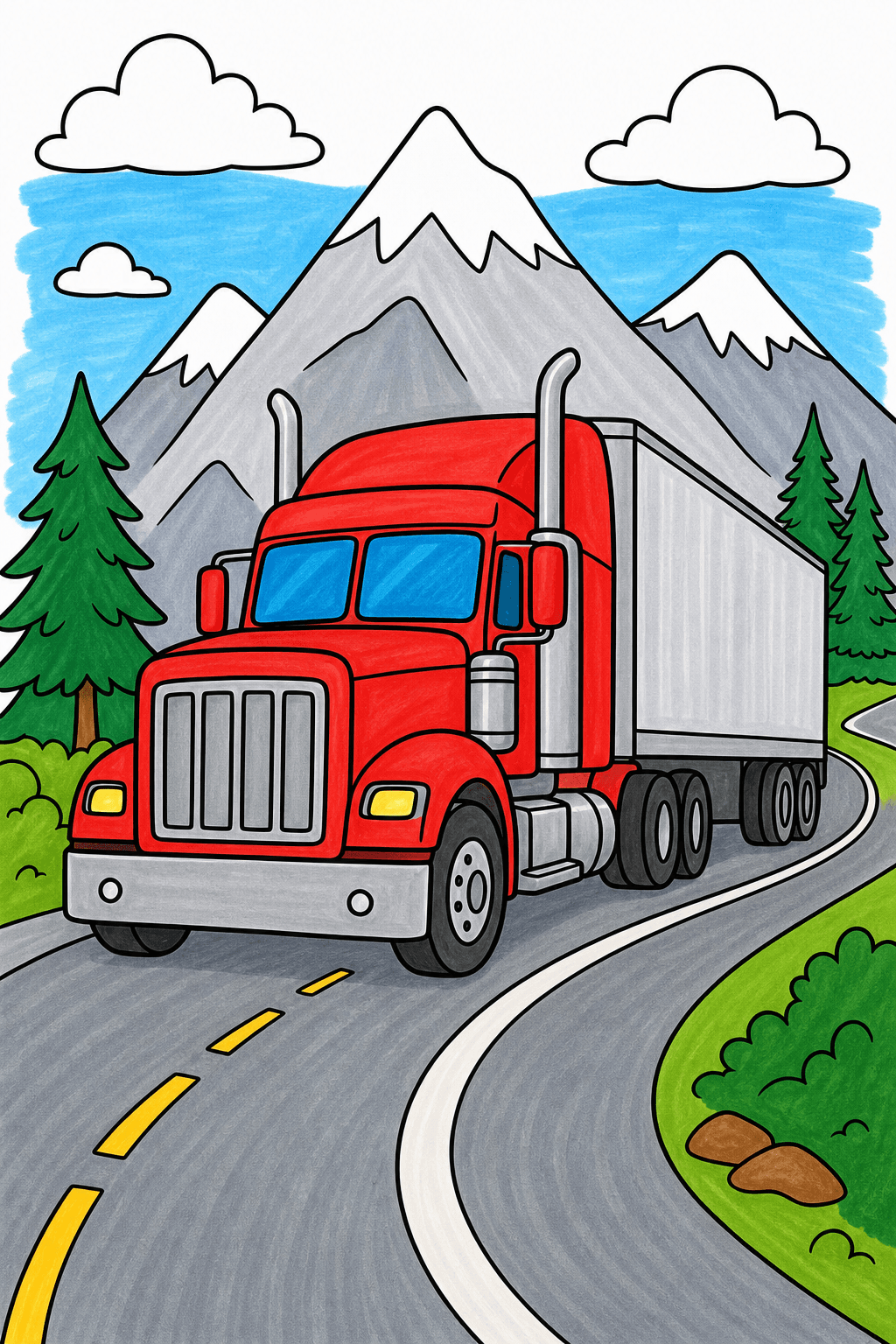 Semi Truck Hauling a Trailer Through the Mountains marker colorized preview