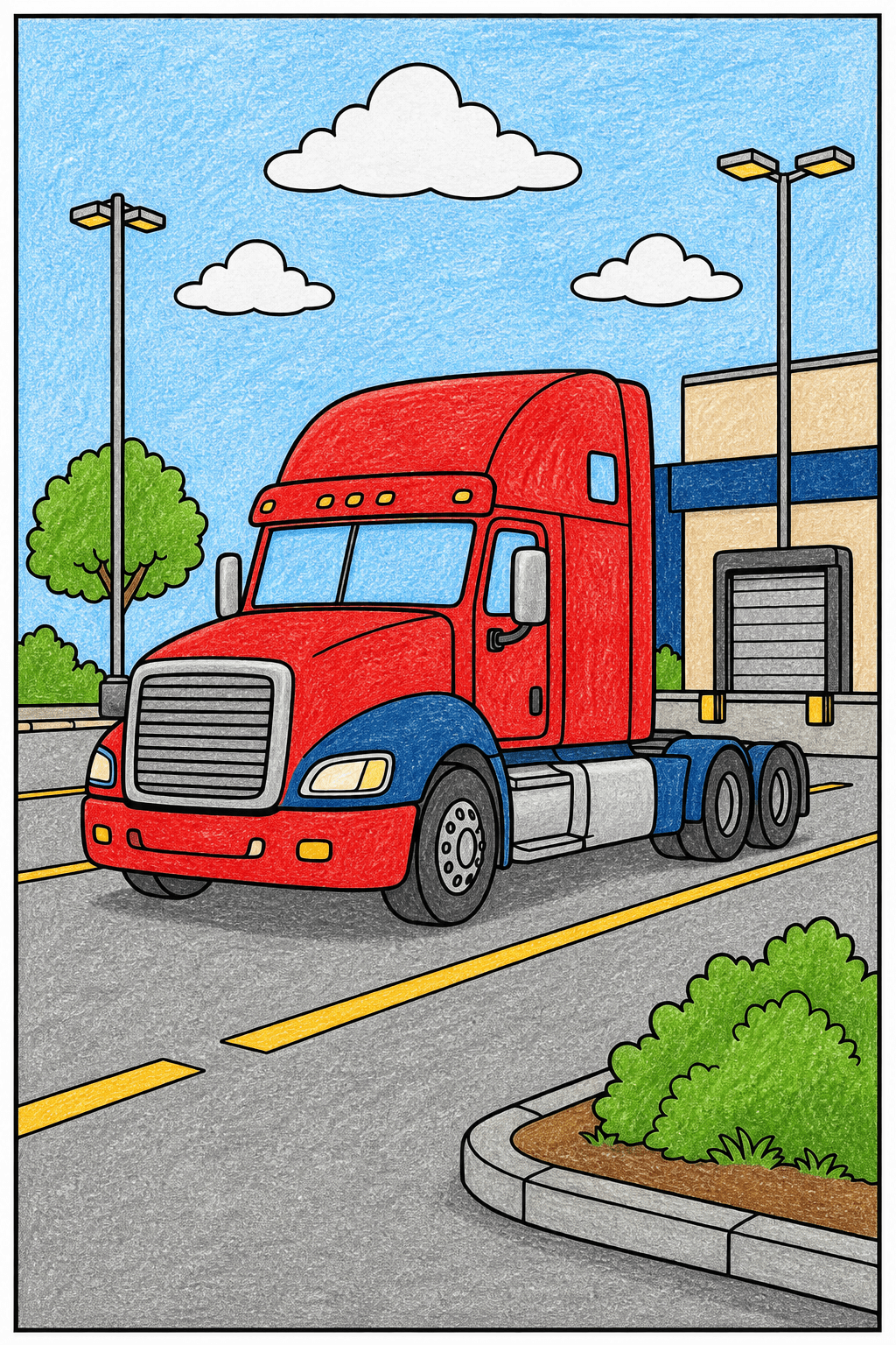 Semi Truck Parked Near a Loading Door crayon colorized preview