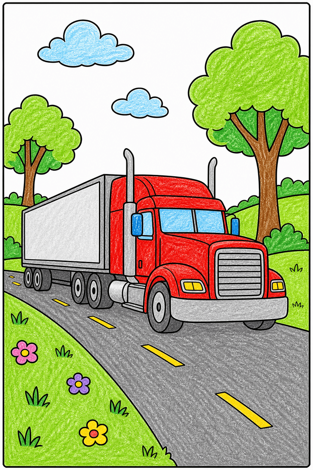 Semi Truck Hauling a Box Trailer crayon colorized preview