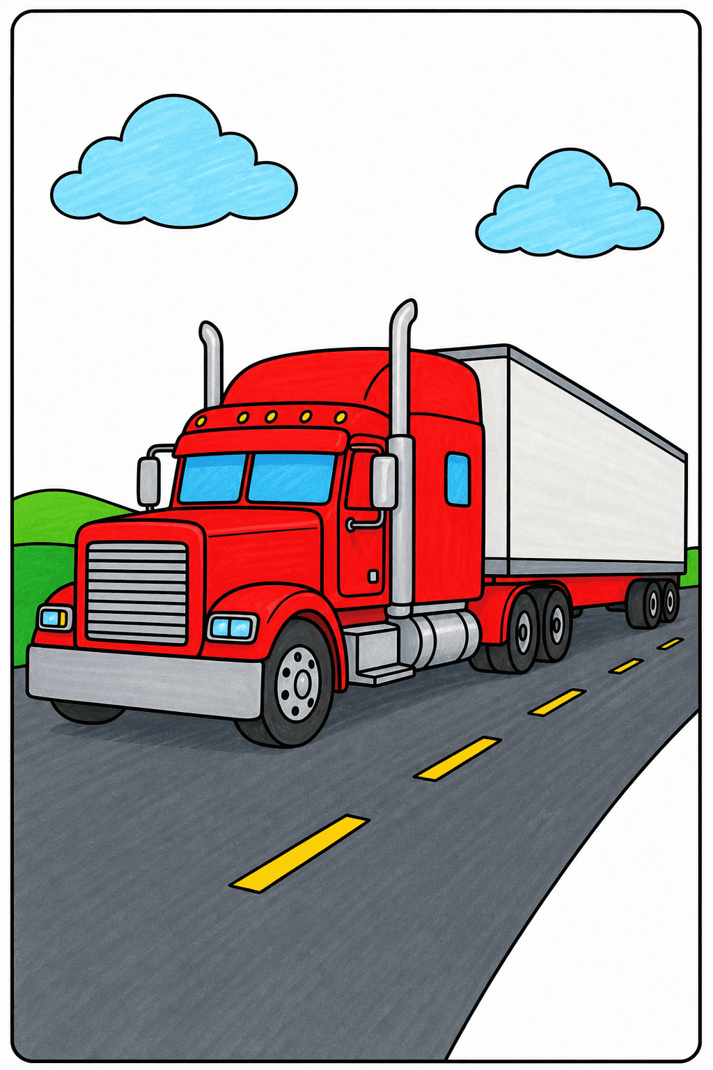 Semi Truck and Box Trailer on a Curved Highway marker colorized preview