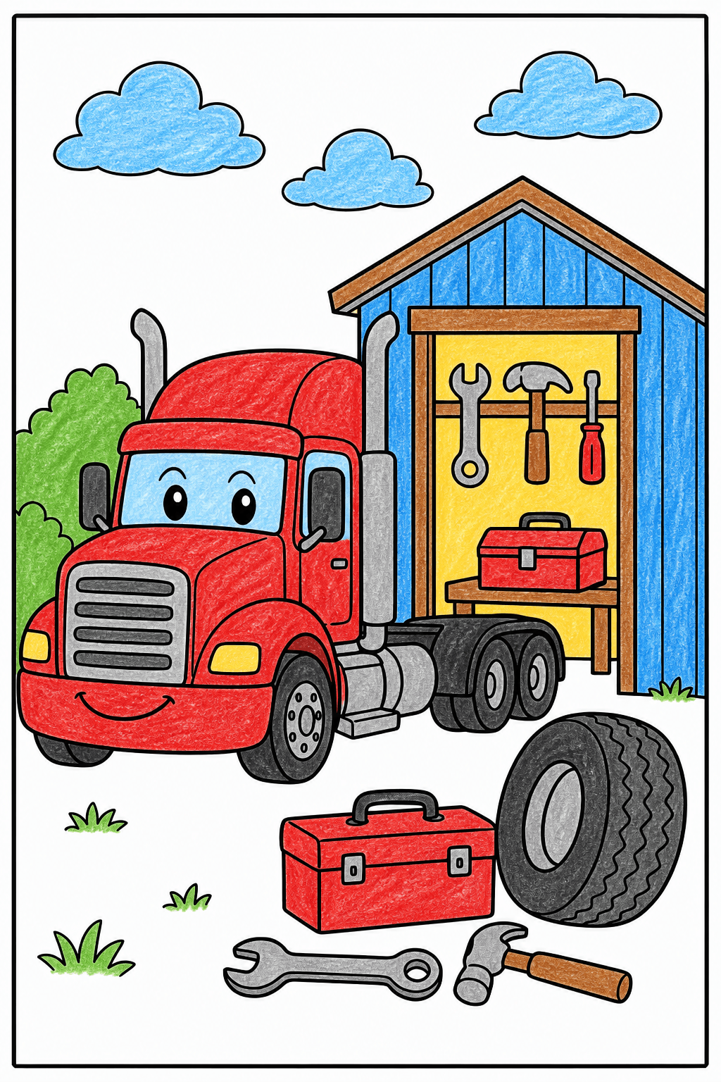 Semi Truck Beside an Open Tool Shed crayon colorized preview