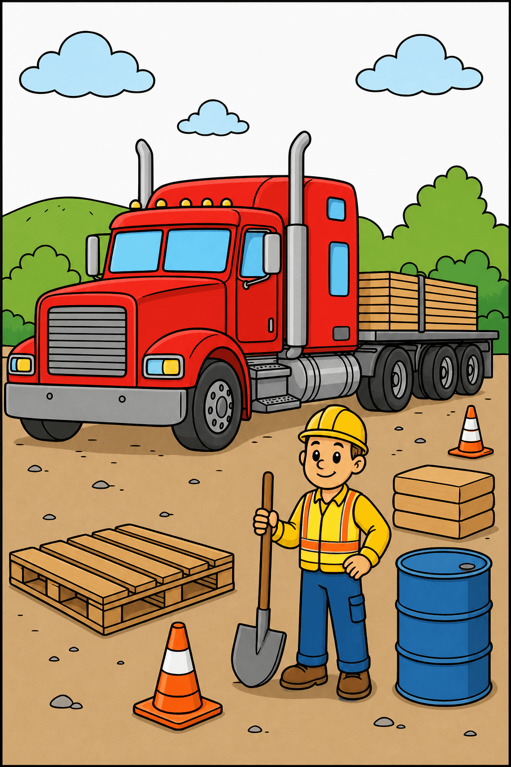 Semi Truck and Worker at a Construction Site clean-digital colorized preview