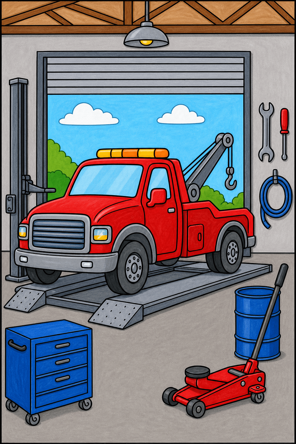 Tow Truck on a Garage Service Platform marker colorized preview