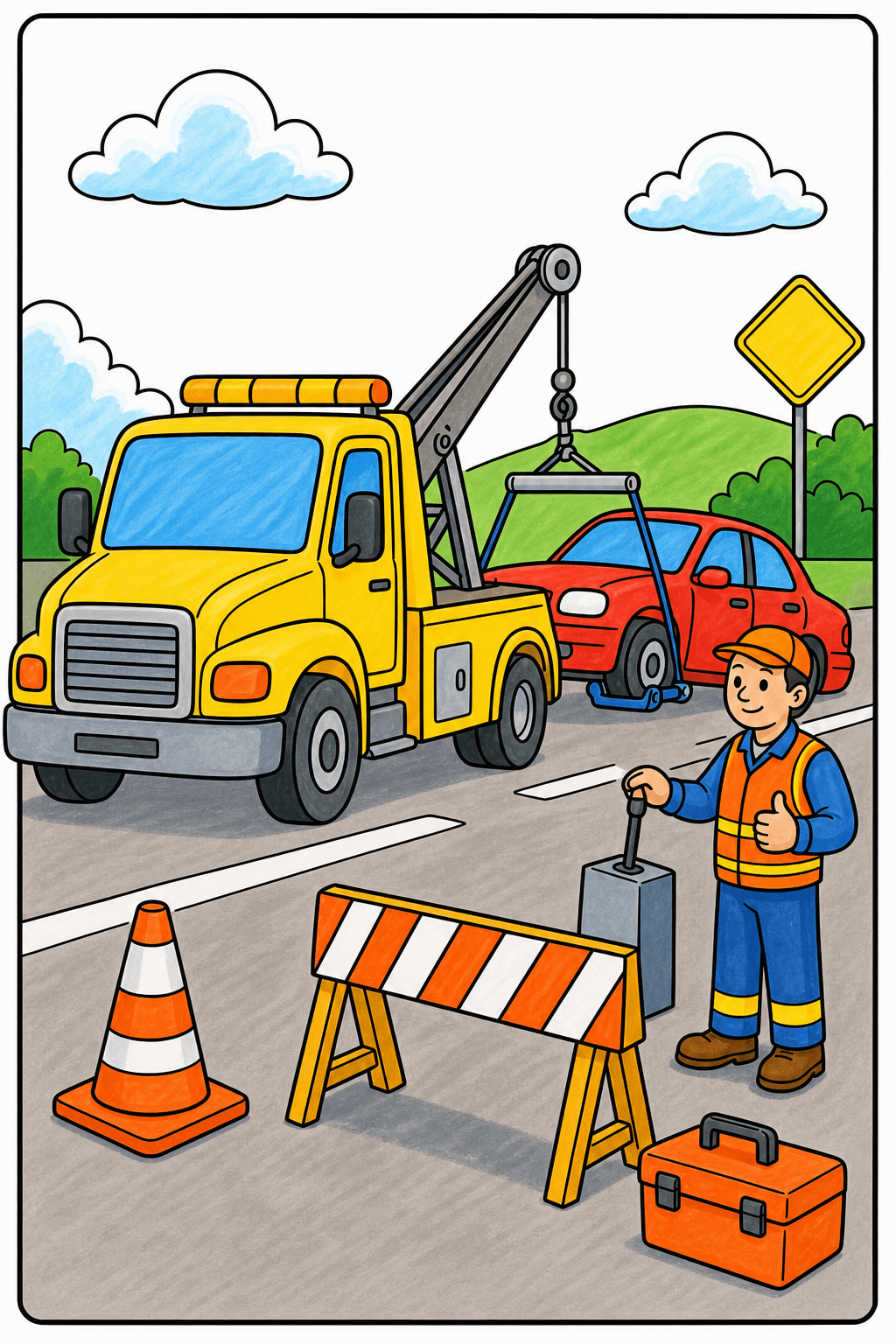 Tow Truck Lifting a Car at a Roadside Work Zone marker colorized preview