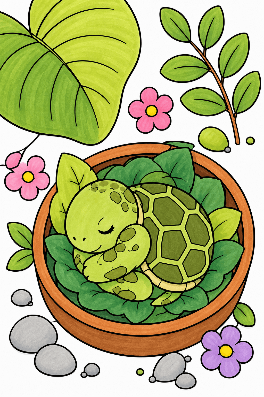 Sleepy Turtle Curled in a Leaf-Filled Planter marker colorized preview