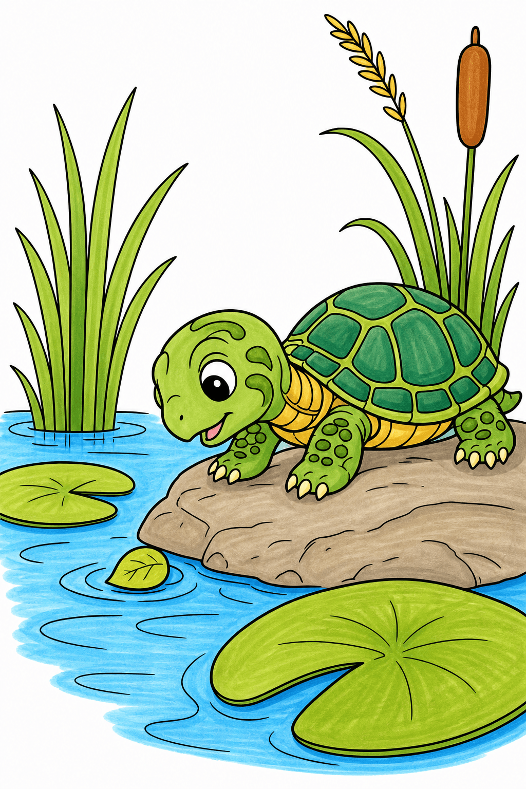 Baby Turtle Resting on a Pond Rock marker colorized preview