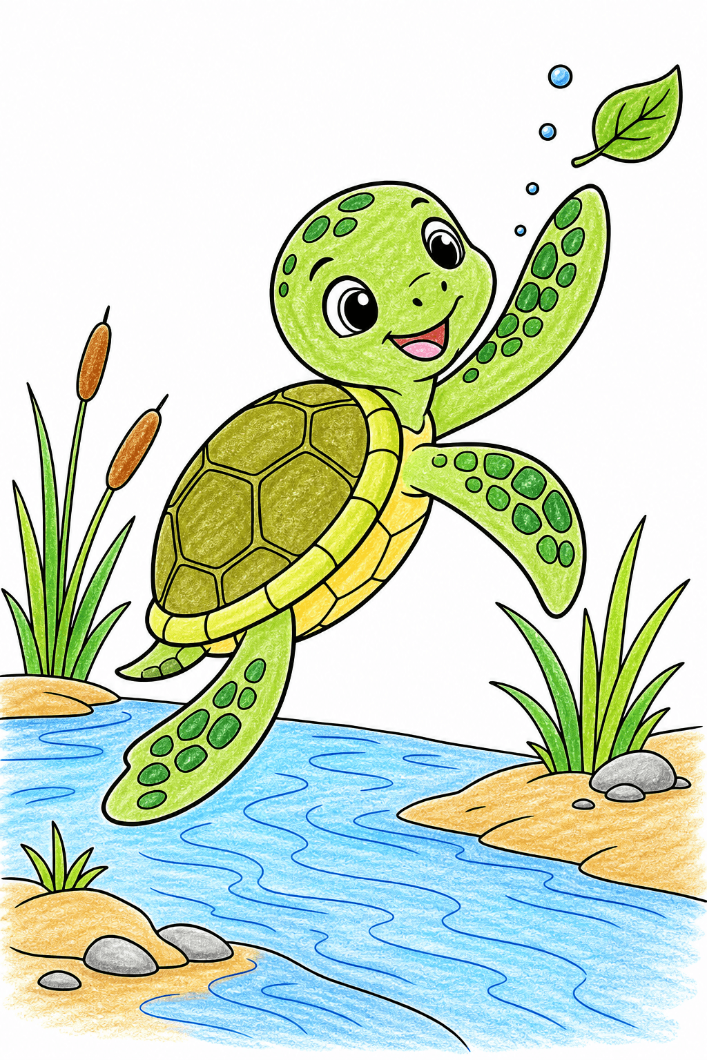 Smiling Turtle Swimming Toward a Leaf crayon colorized preview