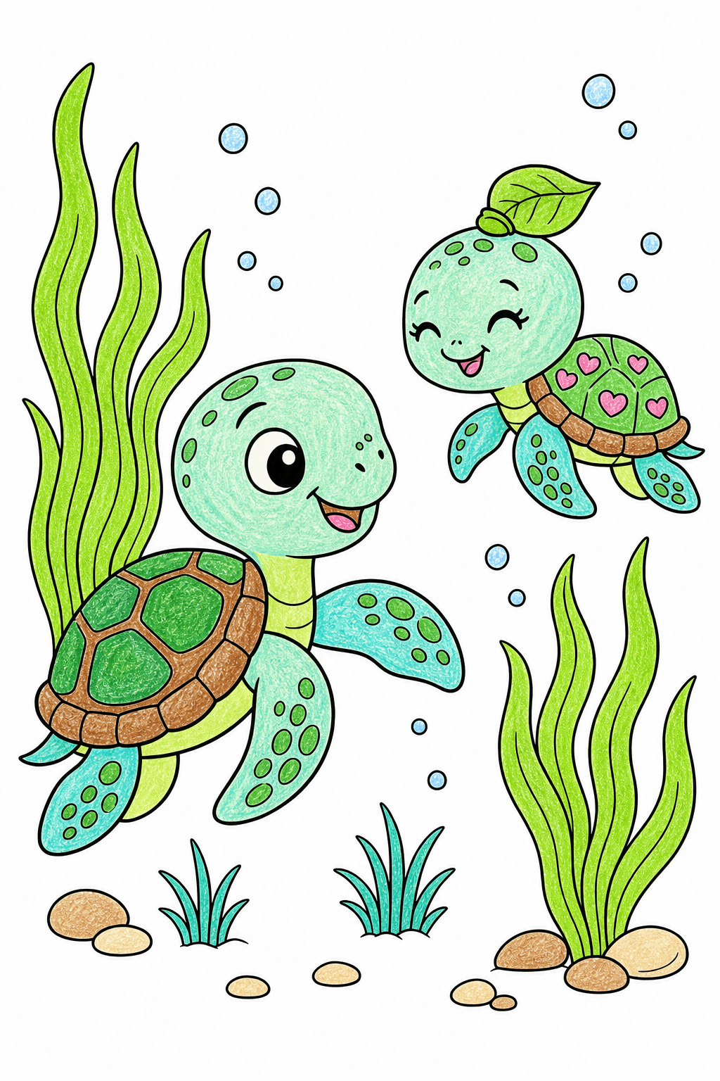 Baby Sea Turtles Swimming Among Seagrass crayon colorized preview