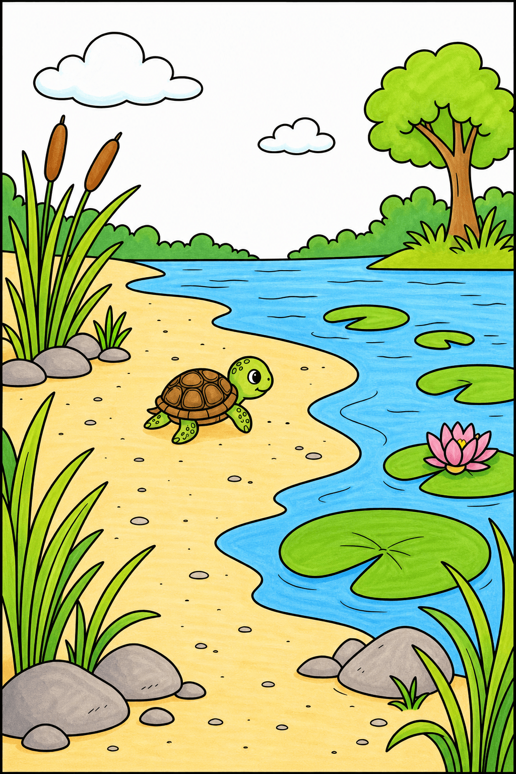 Baby Turtle Beside a Pond with Lily Pads marker colorized preview