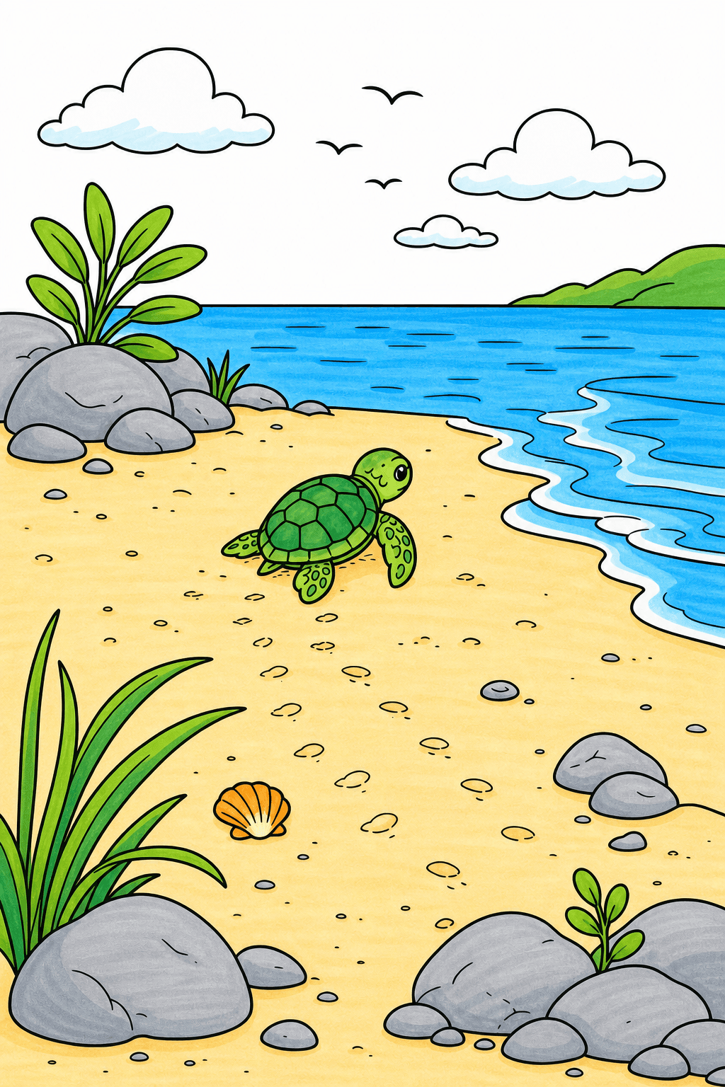 Baby Turtle Crossing a Sandy Shore marker colorized preview