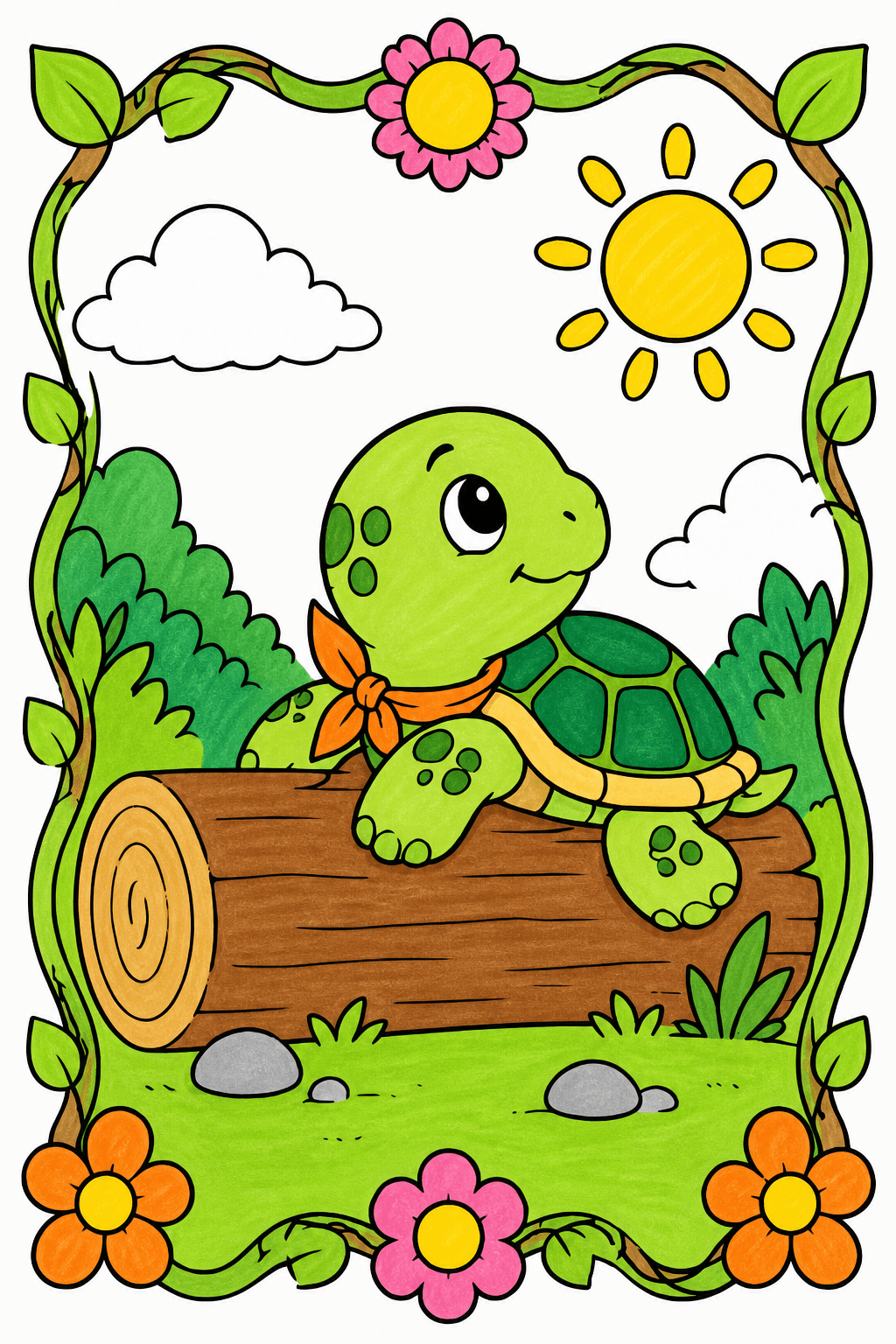 Baby Turtle Resting on a Log in the Sun marker colorized preview