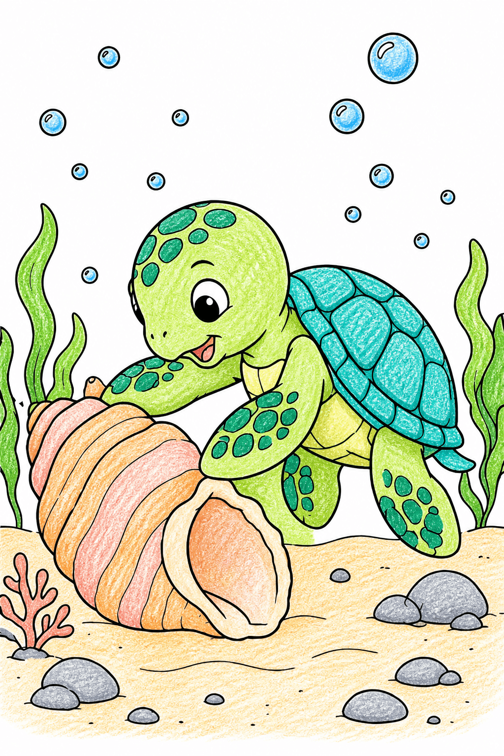 Baby Turtle Exploring a Seashell Underwater crayon colorized preview
