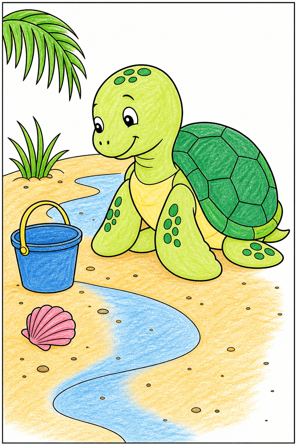 Smiling Turtle Beside a Beach Bucket crayon colorized preview