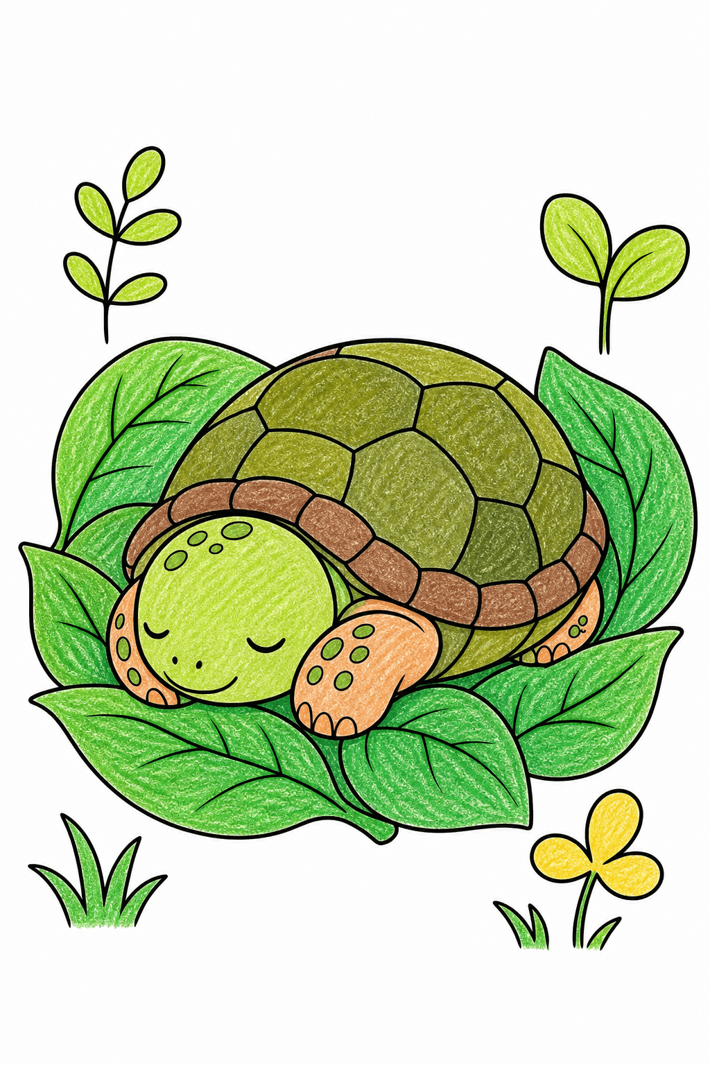 Sleeping Turtle Resting on Garden Leaves crayon colorized preview