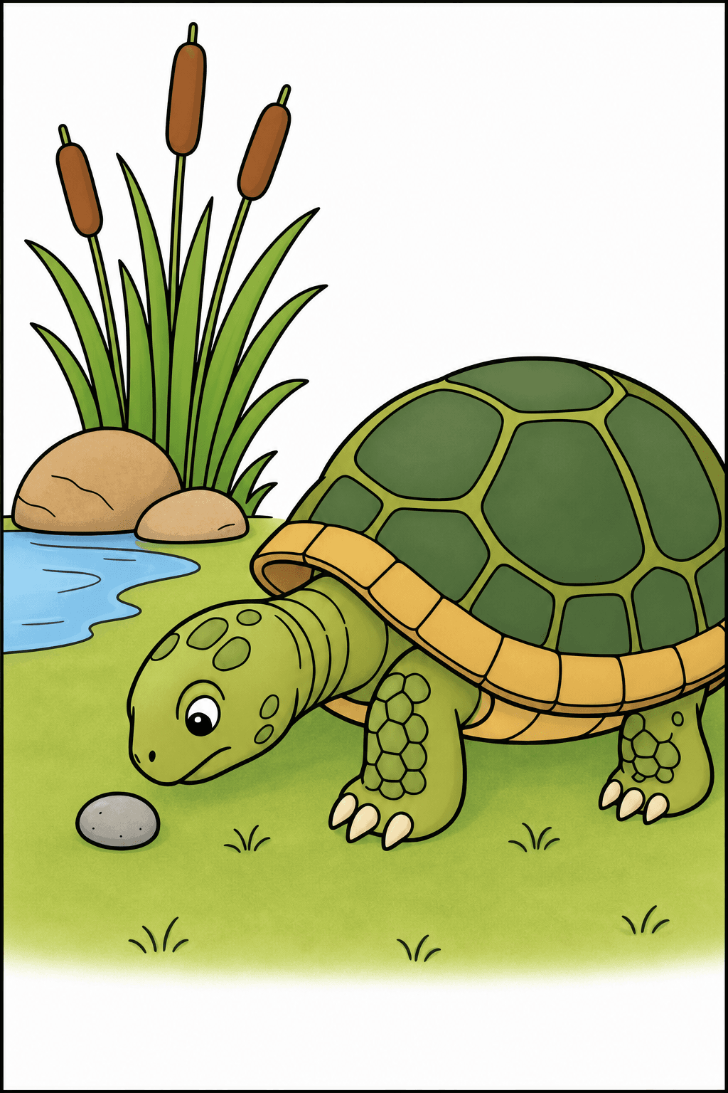 Turtle Exploring Beside a Cattail Pond clean-digital colorized preview