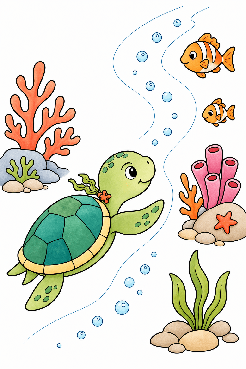 Sea Turtle Following Bubbles Through a Reef storybook colorized preview
