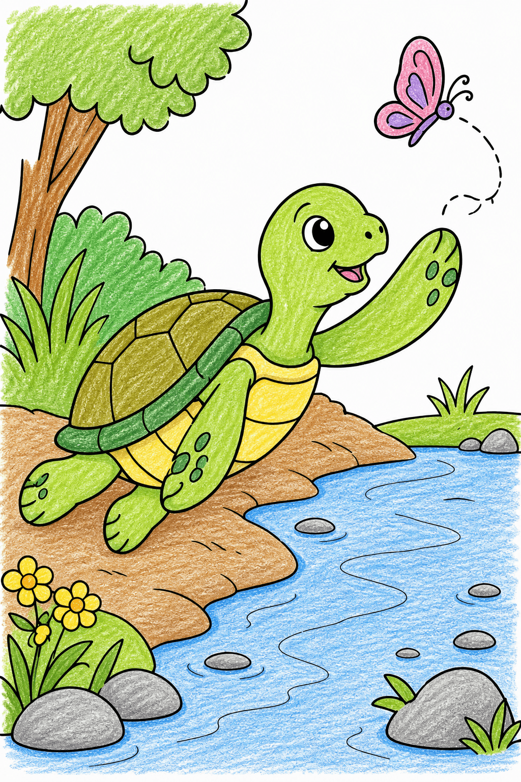 Turtle Reaching for a Butterfly by a Stream crayon colorized preview