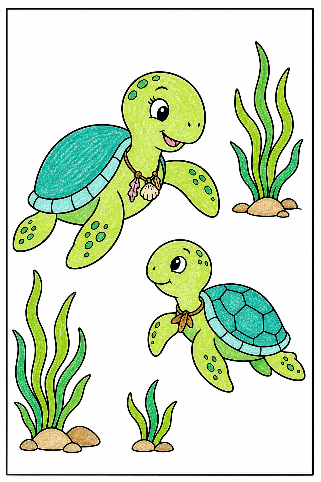 Sea Turtles Swimming by Seagrass crayon colorized preview