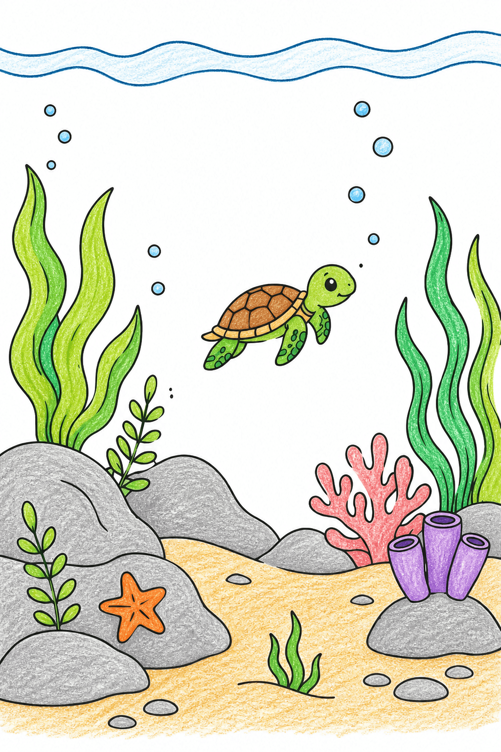 Sea Turtle Swimming Through an Underwater Habitat crayon colorized preview