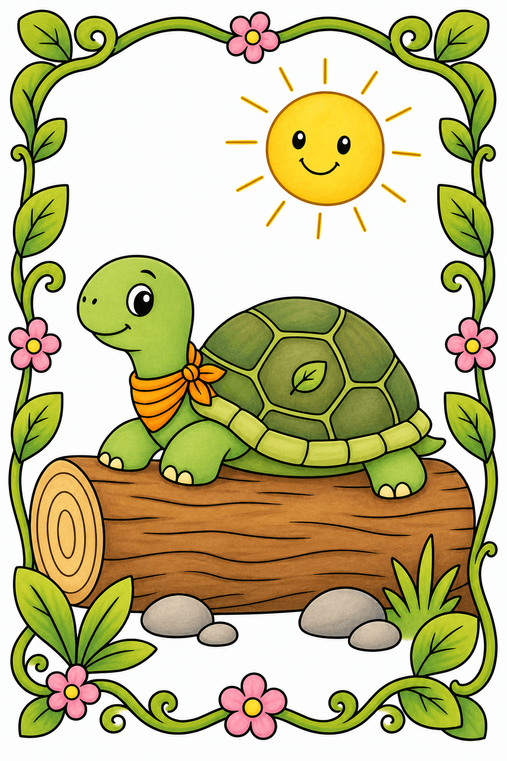 Turtle Resting on a Log in a Floral Frame storybook colorized preview