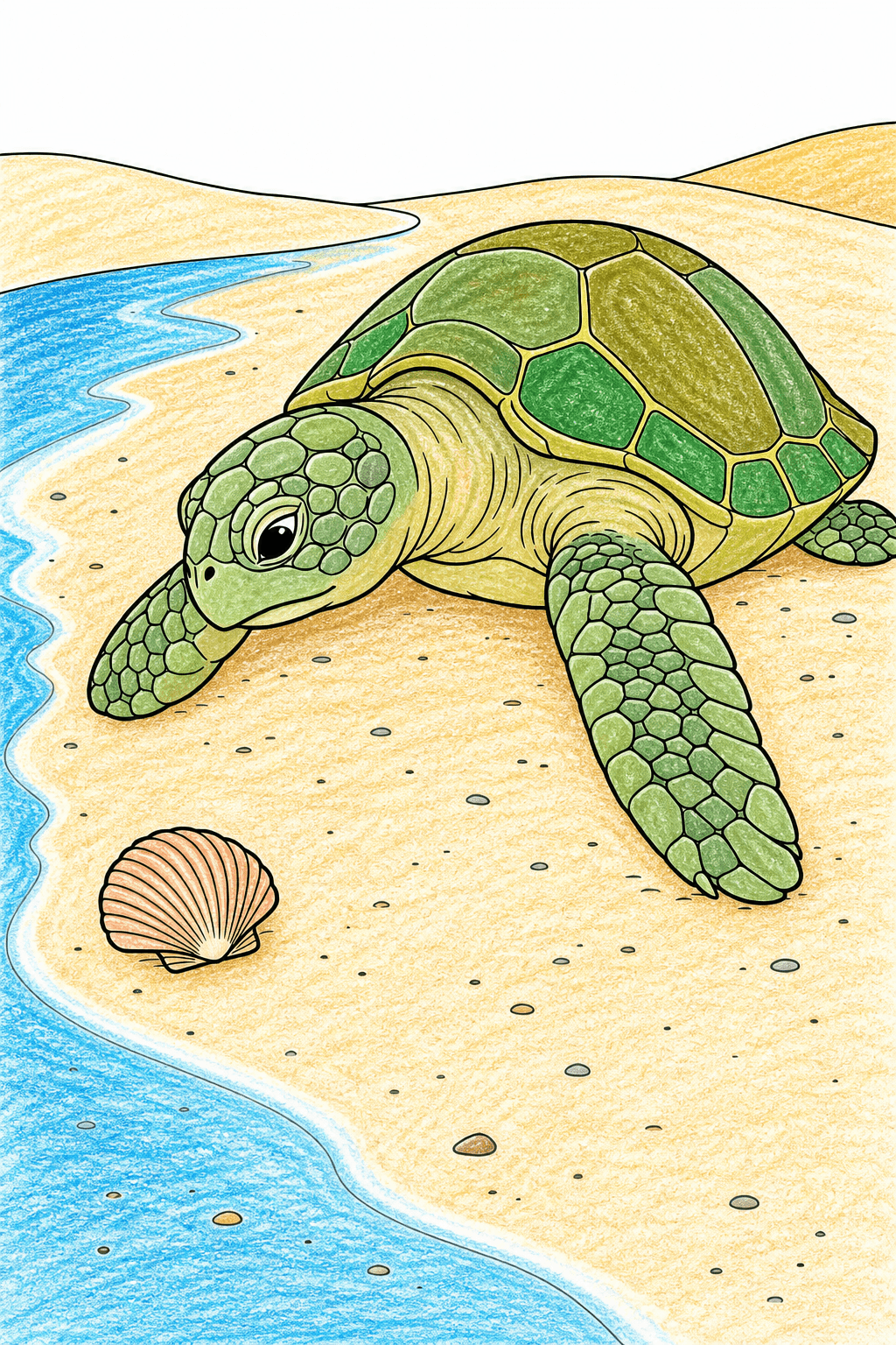 Sea Turtle Crawling Toward a Beach Shell crayon colorized preview