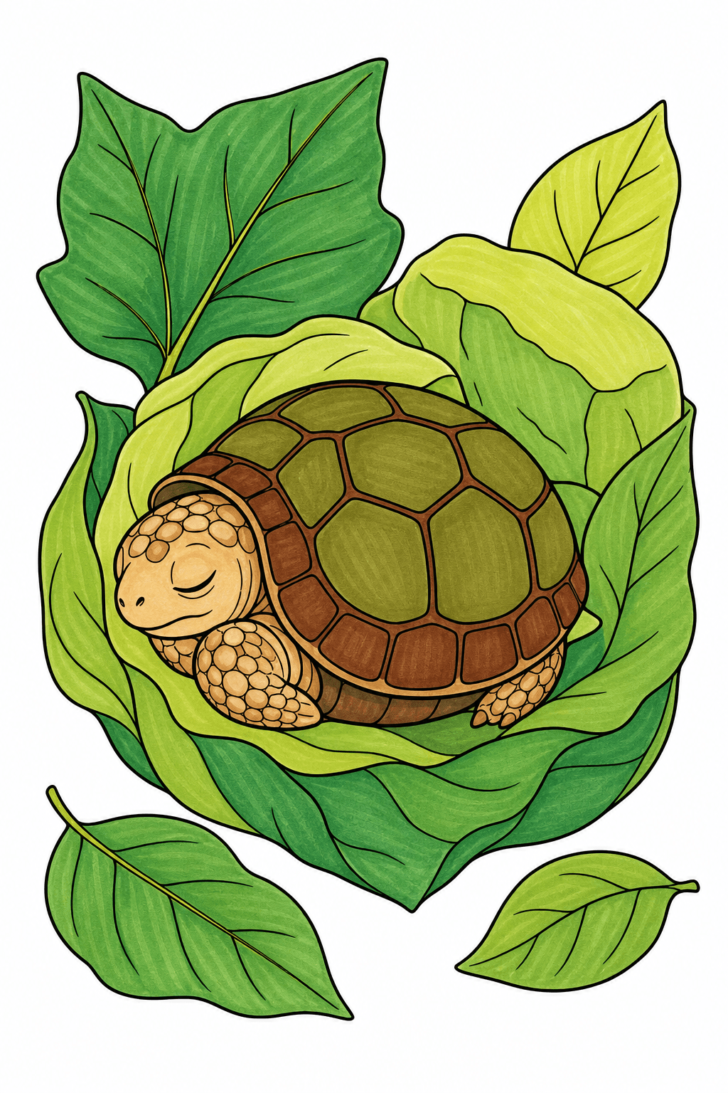 Sleeping Turtle in Garden Leaves marker colorized preview