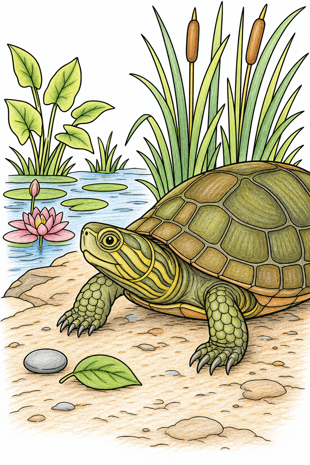 Turtle Beside a Cattail Pond colored-pencil colorized preview