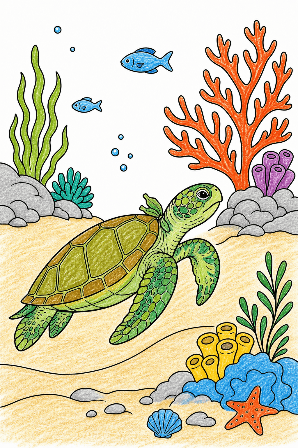 Sea Turtle Gliding Through a Coral Reef crayon colorized preview