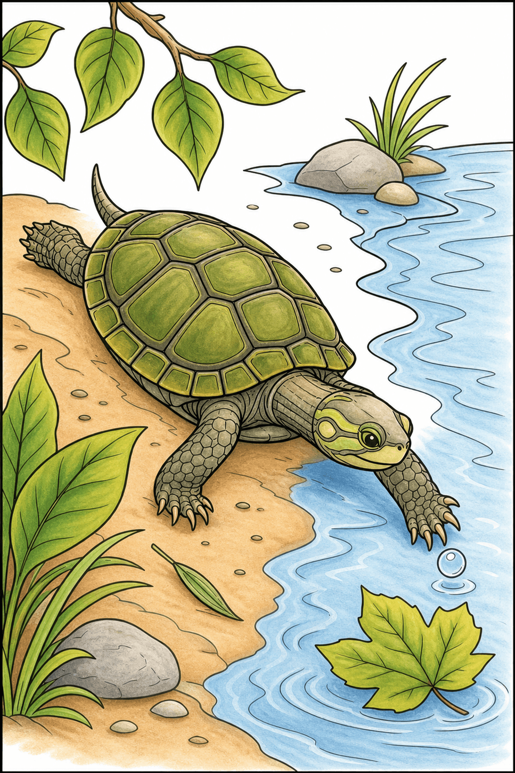 Turtle Stepping from the Riverbank into Water storybook colorized preview