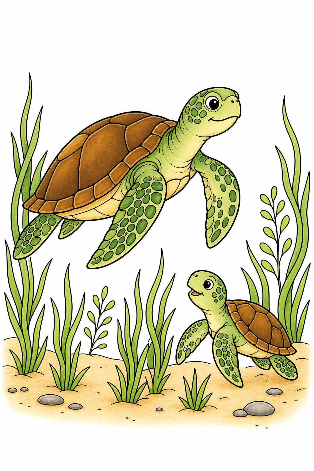 Large Sea Turtle Above a Smaller Turtle storybook colorized preview