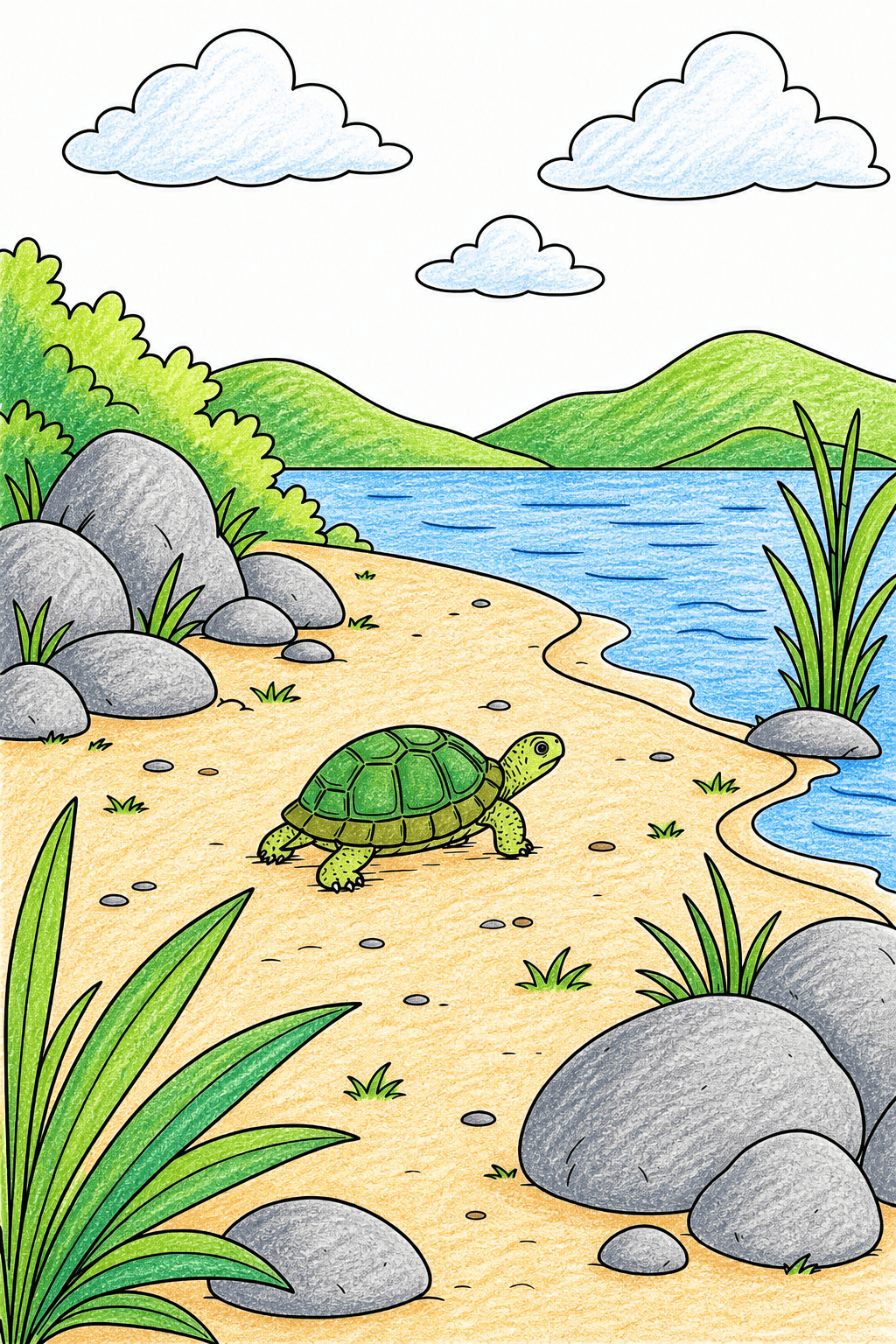 Small Turtle Walking Along a Lakeside Shore crayon colorized preview