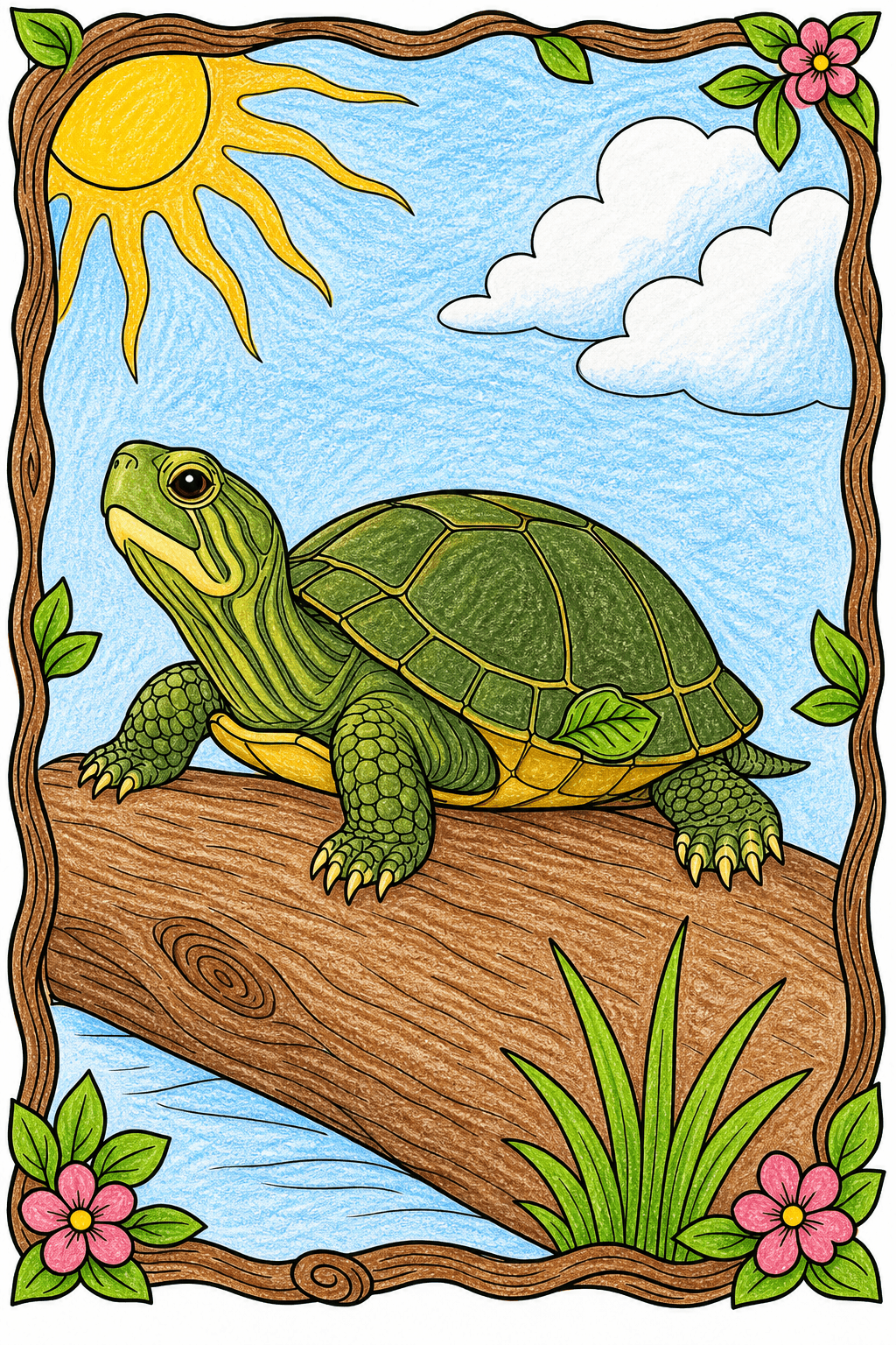 Turtle Resting on a Log in a Floral Frame crayon colorized preview