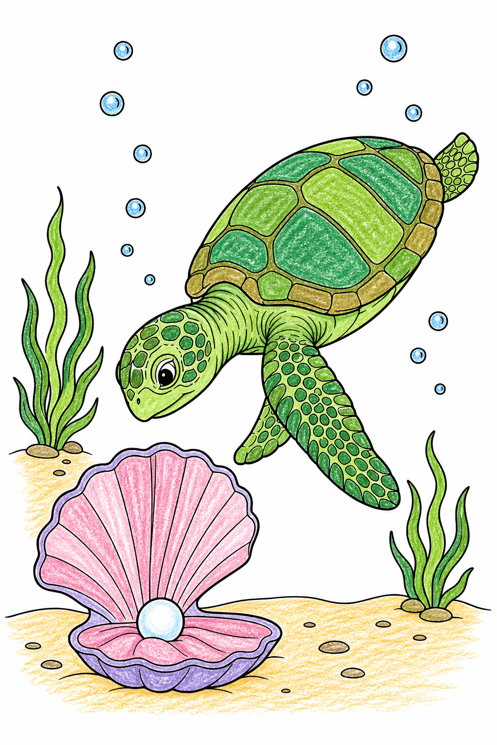 Sea Turtle Swimming Over a Clam with a Pearl crayon colorized preview