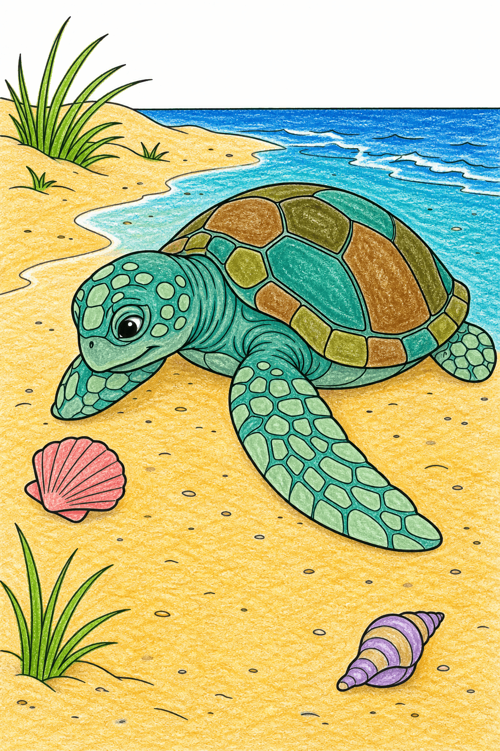 Sea Turtle Crossing a Sandy Beach crayon colorized preview