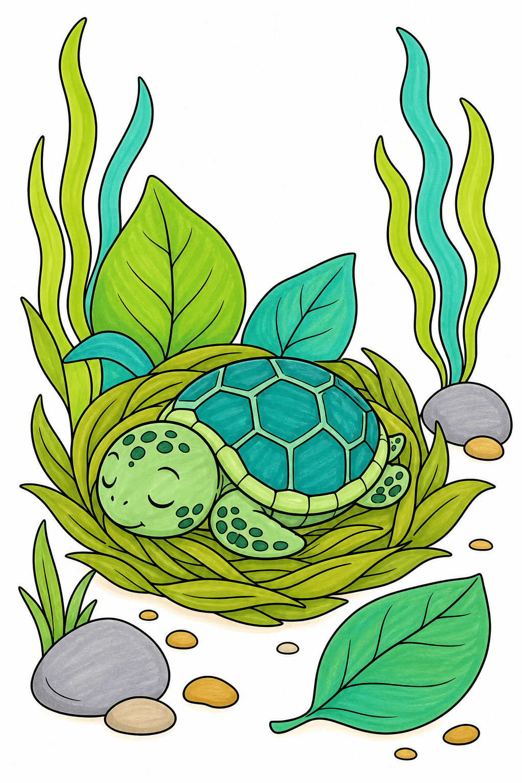 Sleeping Sea Turtle in a Leaf Nest marker colorized preview