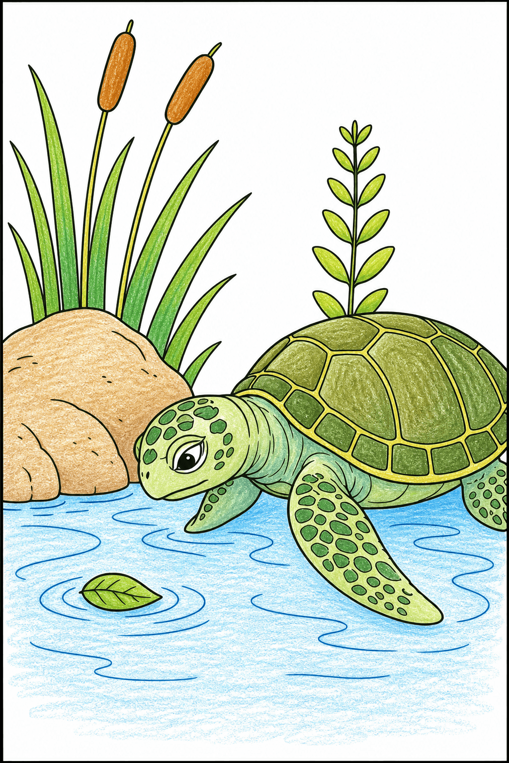 Sea Turtle Beside a Rock and Cattails crayon colorized preview