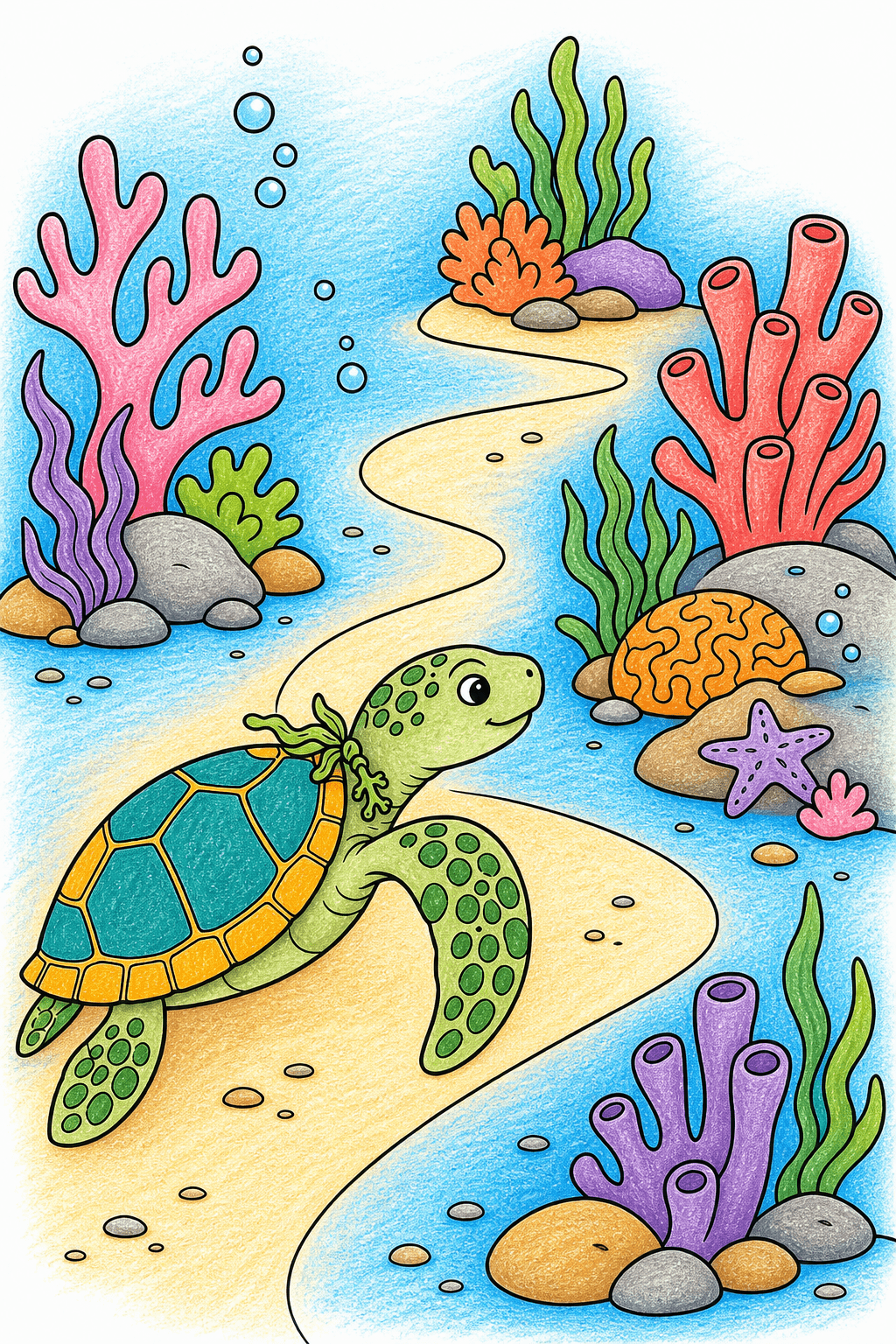 Sea Turtle Exploring a Winding Reef Path crayon colorized preview