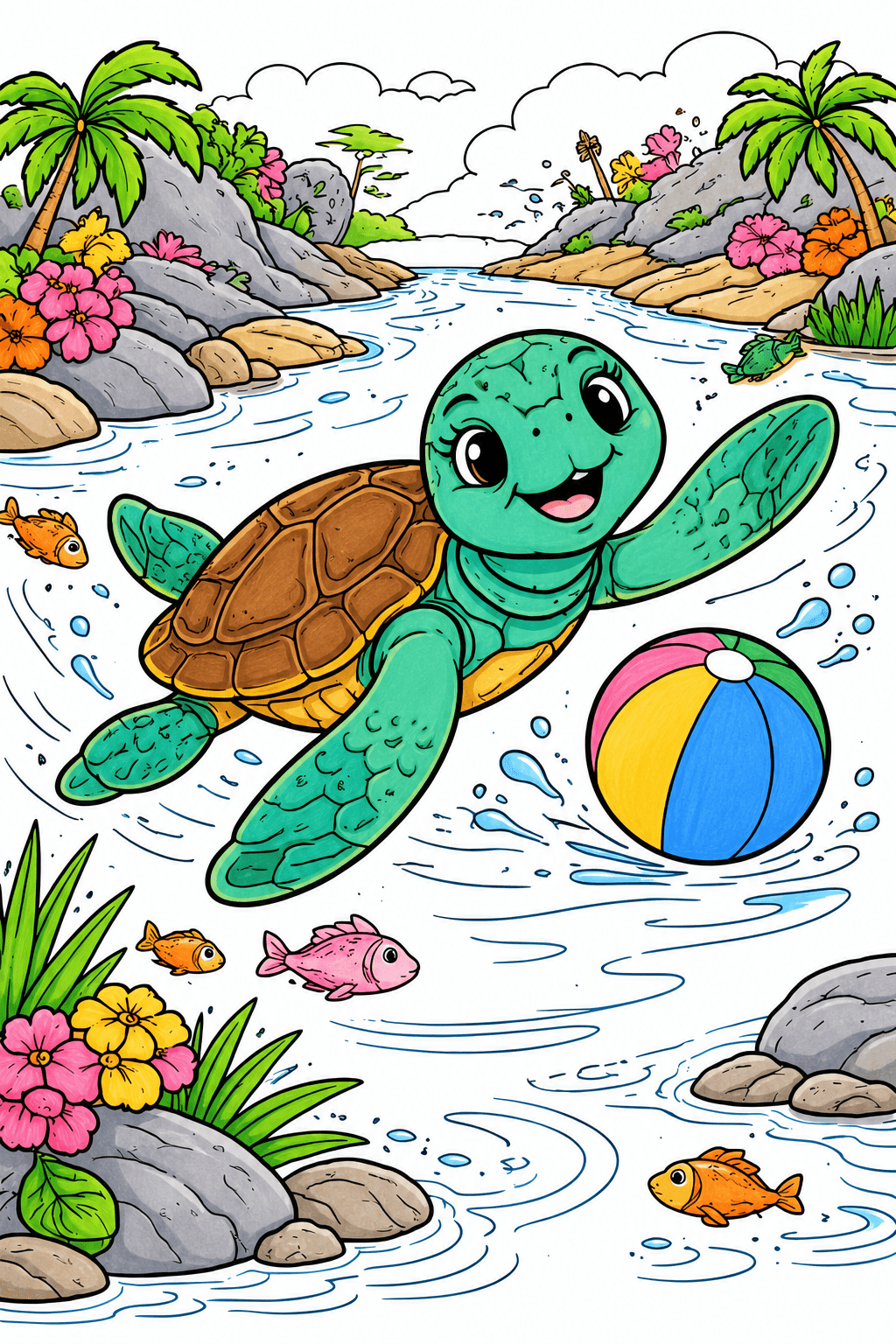 Sea Turtle Swimming with a Beach Ball marker colorized preview