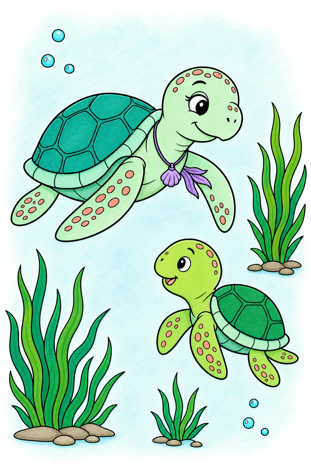 Sea Turtle Pair Swimming Among Ocean Plants marker colorized preview