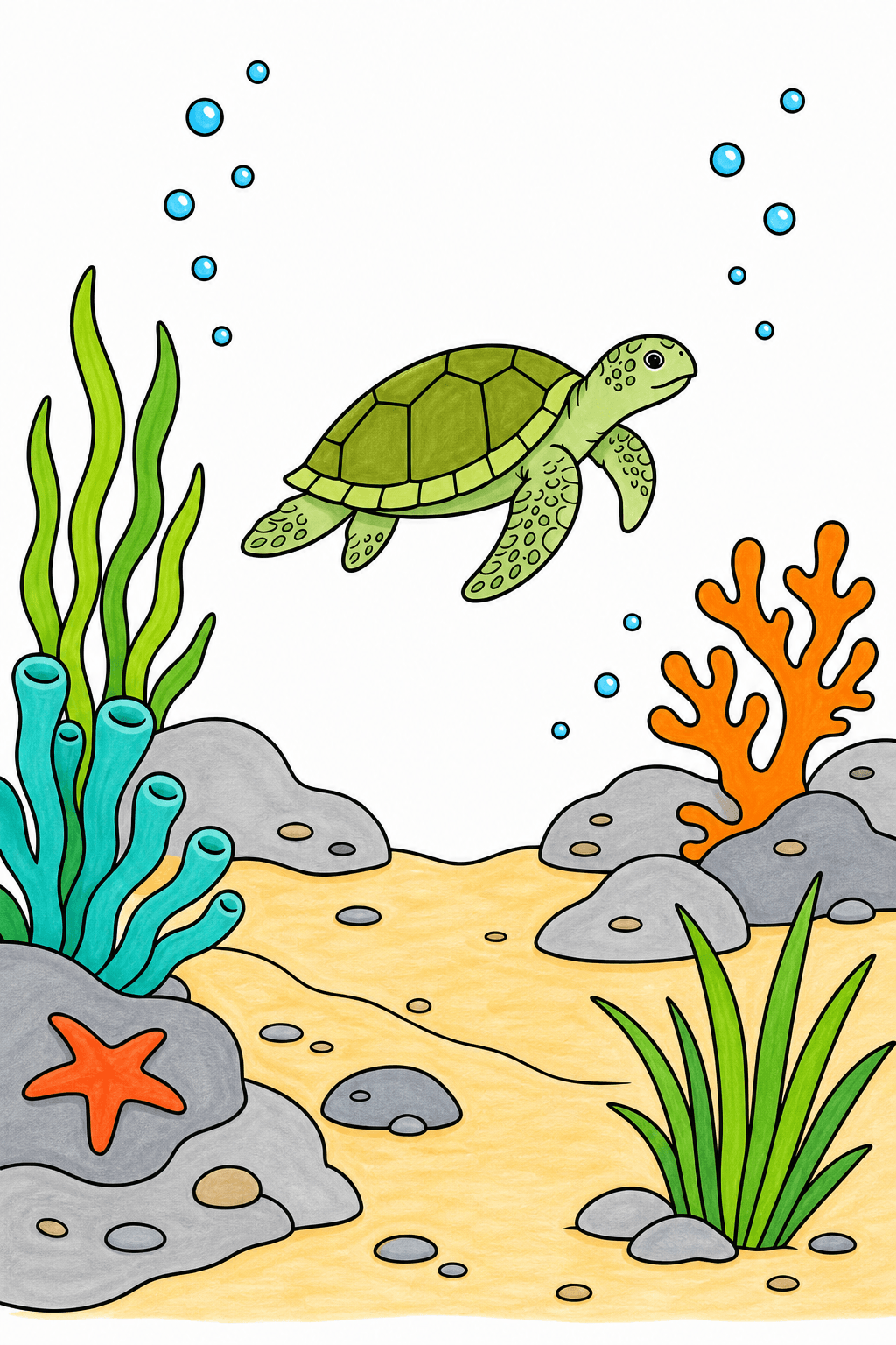 Sea Turtle Swimming Above Coral marker colorized preview