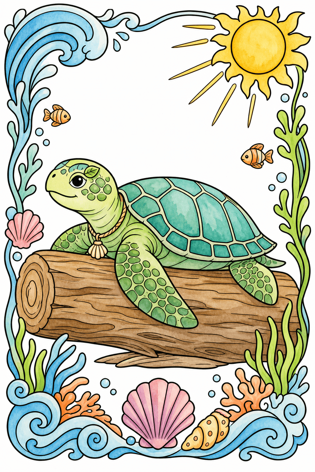 Sea Turtle Resting on a Log watercolor colorized preview