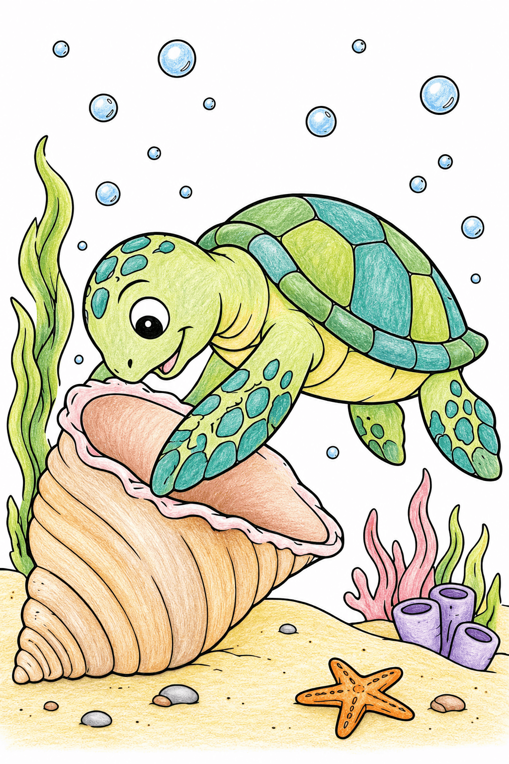 Sea Turtle Exploring an Open Shell colored-pencil colorized preview