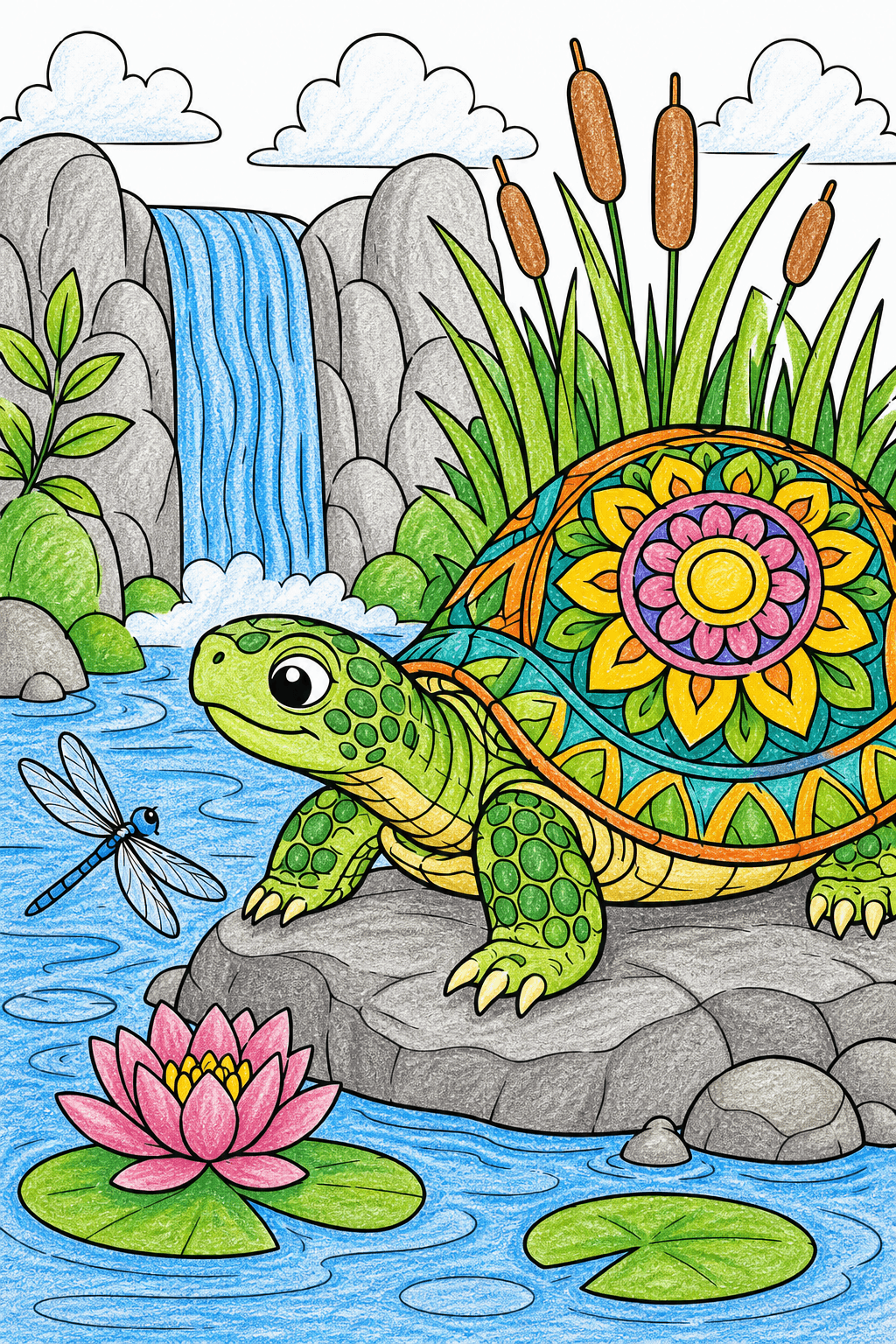 Mandala Turtle on a Rock Beside a Pond crayon colorized preview
